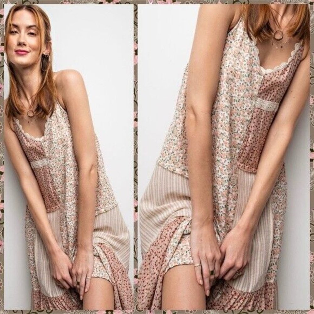 EASEL Mixed Print Adjustable Cross Straps Maxi Dress Lace Edges Relaxed & Flowy - Picture 10 of 15